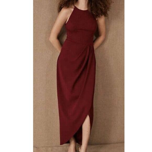 BHLDN Marceau Maxi Dress High Neck Tulip Hem Burgundy Red Gathered Waist  Size 4 - Picture 1 of 15